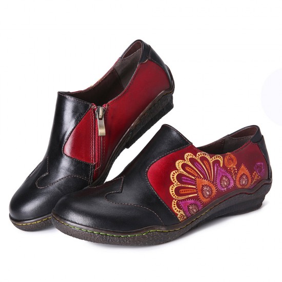 Retro Splicing Flower Pattern Comfy Genuine Leather Side Zipper Casual Flat Shoes Retro Splicing Flower Pattern Comfy Genuine Leather Side Zipper Casual Flat Shoes
