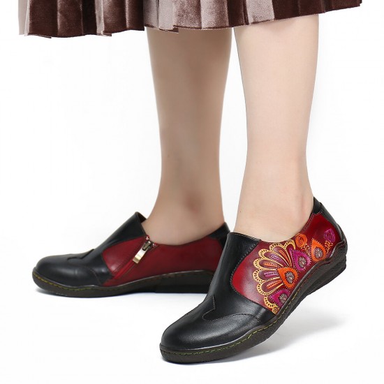 Retro Splicing Flower Pattern Comfy Genuine Leather Side Zipper Casual Flat Shoes Retro Splicing Flower Pattern Comfy Genuine Leather Side Zipper Casual Flat Shoes