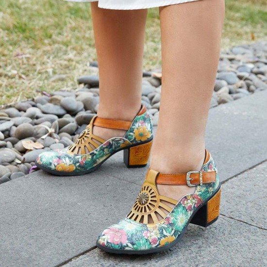 Genuine Leather Retro Floral Hook & Loop Comfy T-strap Heels Genuine Leather Retro Floral Hook & Loop Comfy T-strap Heels