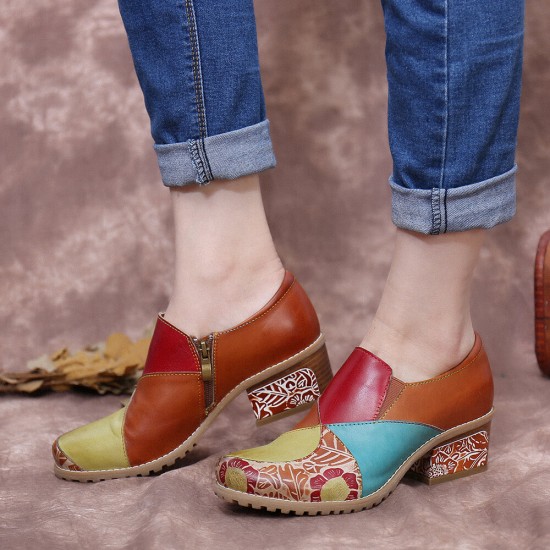 Retro Contrast Splicing Leather Zipper Low Heel Ankle Boots Slip On Block Heel Pumps Retro Contrast Splicing Leather Zipper Low Heel Ankle Boots Slip On Block Heel Pumps