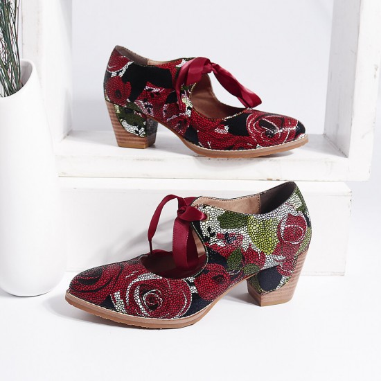 Super Comfy Bloom Rose Stitching Lace Up Casual Dress Leather Pumps For Women Super Comfy Bloom Rose Stitching Lace Up Casual Dress Leather Pumps For Women